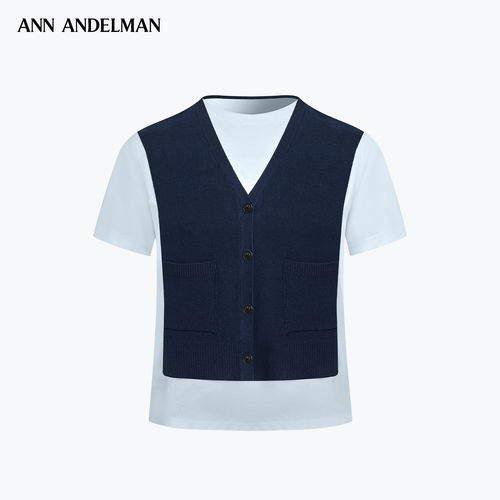 ANN ANDELMAN 毛织真两件V领短袖女宽松圆领针织马甲上衣