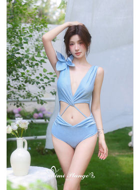 MIMI PLANGE细闪立体花朵钻石交叉系带镂空收褶低领V字连体泳衣
