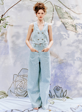 【清货折蓝】LUMING ROOM 蓝樱桃满印牛仔背心樱桃满印阔腿牛仔裤