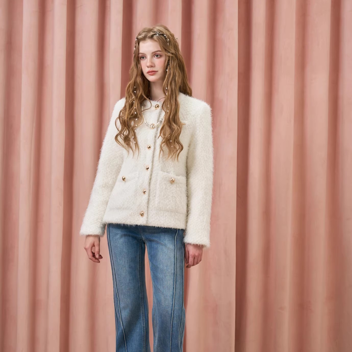 Three Quarters25AW 米色绵羊毛小香精致羽绒外套