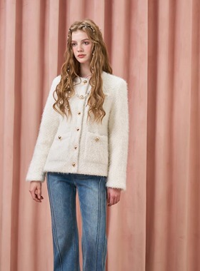 Three Quarters25AW 米色绵羊毛小香精致羽绒外套