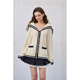 米白色羊毛海军领镂空绞花针织外套 26SS新款 Three Quarters