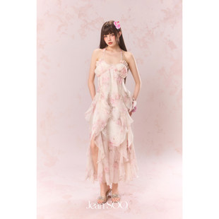 樱漫碎花不规则拼接裙摆挂脖连衣裙 25SS Jean SOO