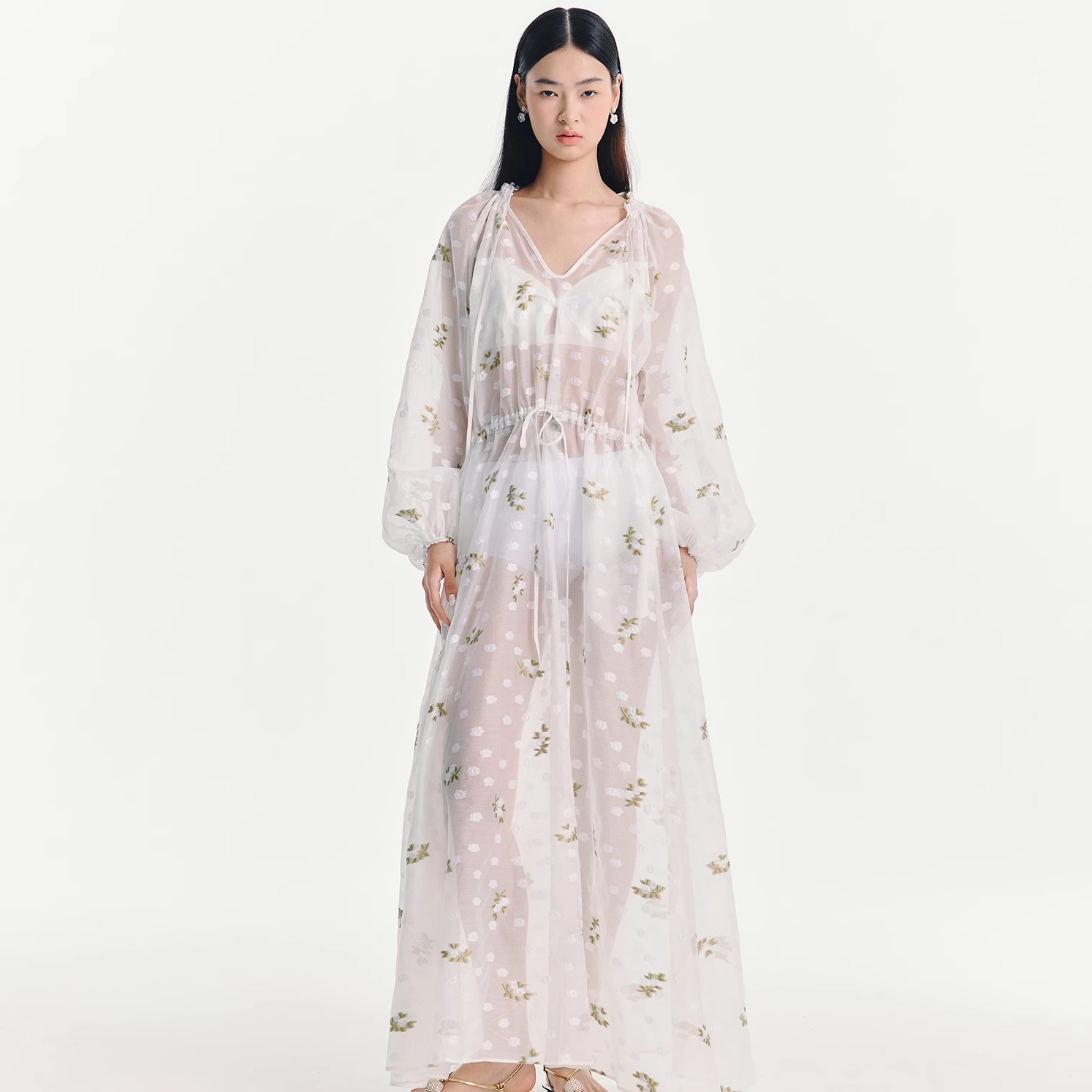 ESTER HSU 25SS 提花灯笼袖绑带连衣裙