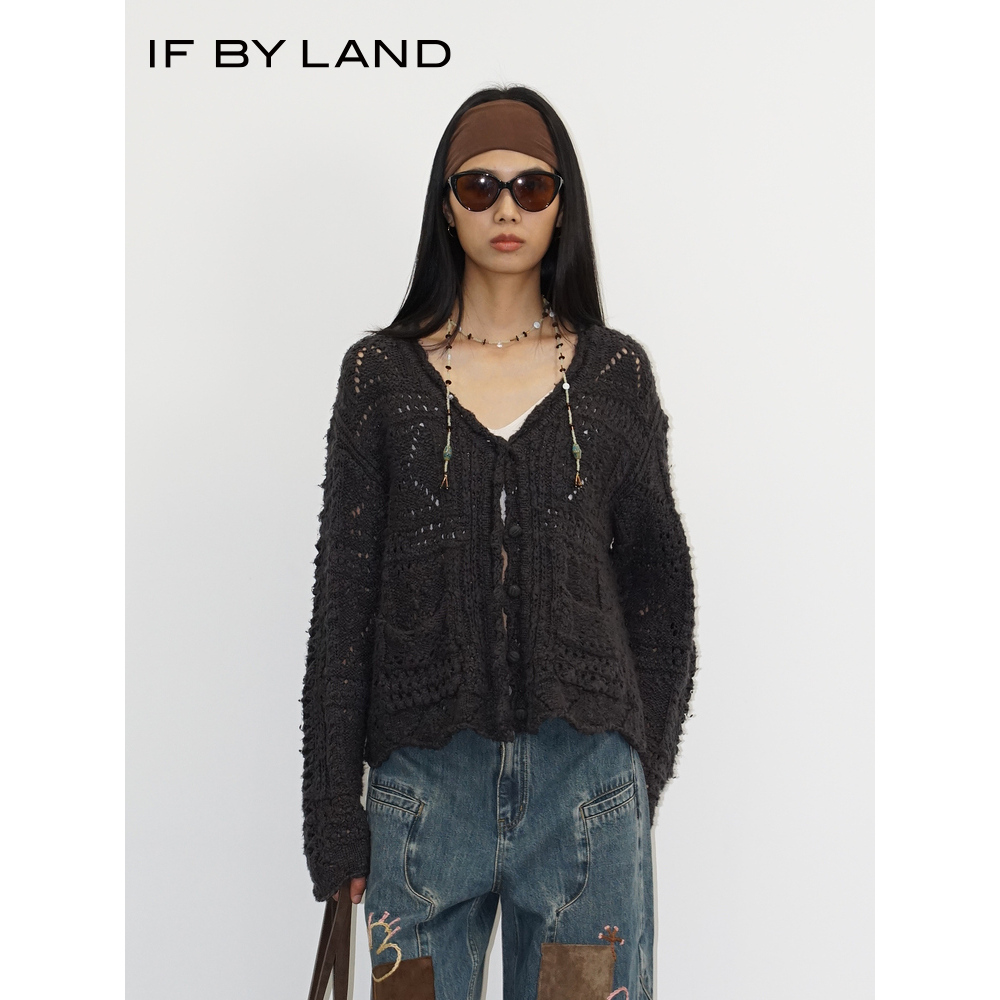 IF BY LAND 25秋冬季新款 深灰色钩花针织开衫女