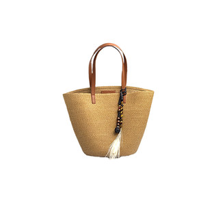 附串珠羽毛挂饰 环保皮革拼接草编托特包 春系列新品 ZHI