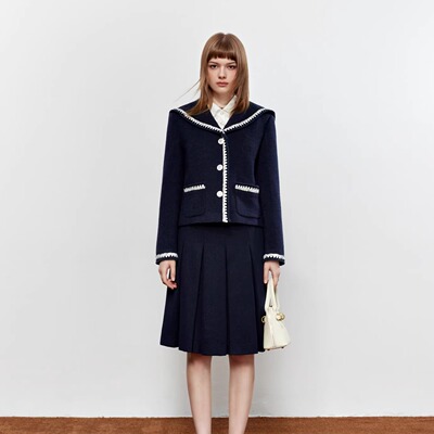 ROCHAROMA2025秋冬海军领撞色花边外套压褶两面穿半裙
