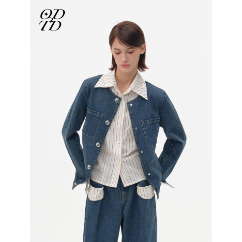 【设计师女装】ODTD26早秋新款彩条箱型牛仔撞色复古外套流浪丹宁