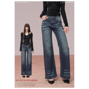 VIAPITTI设计感水洗做旧款大口袋宽松牛仔裤女装秋冬立体刺绣长裤