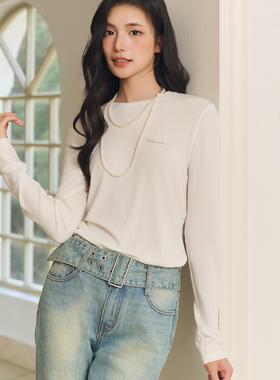 Three Quarters24秋季logo烫钻天丝羊毛长袖T恤深灰色烫钻阔腿裤