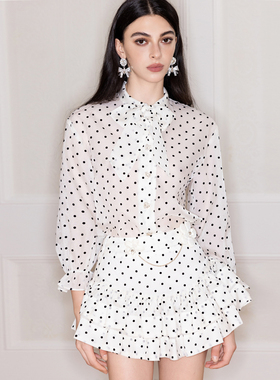 【清货折裙`】Aimme sparrow24SS 白色波点系带衬衫花链百褶短裙