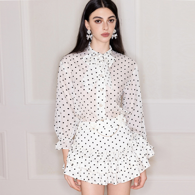 【清货折裙`】Aimme sparrow24SS 白色波点系带衬衫花链百褶短裙