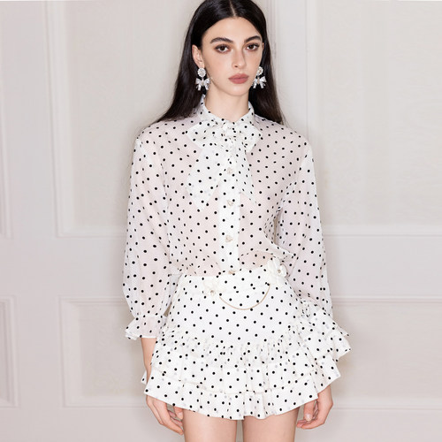 【清货折裙`】Aimme sparrow24SS 白色波点系带衬衫花链百褶短裙