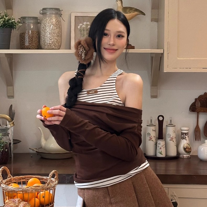 ARTE PURA25秋冬胶囊新款撞色假两件露肩打底衫女修身显瘦上衣服