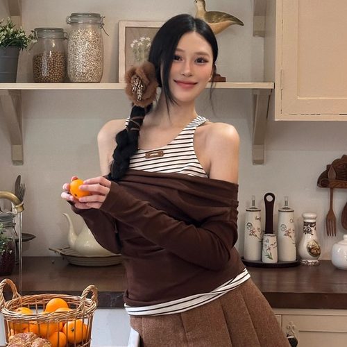 ARTE PURA25秋冬胶囊新款撞色假两件露肩打底衫女修身显瘦上衣服