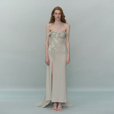 TENSION ARCHIVE手工亮片钻石钉珠织网纱花朵吊带大摆裙连衣裙