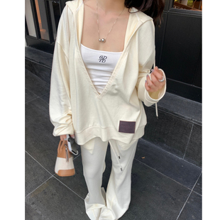 【设计师女装】ODTD25秋季新款深V领套头连帽卫衣套装针织长裤