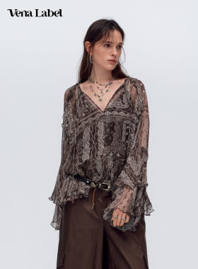 Vena Label 26SS新款 系带V领荷叶边雪纺衬衫雪纺褶皱印花半身裙