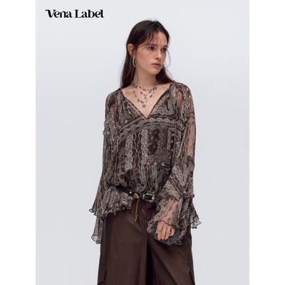 Vena Label 26SS新款 系带V领荷叶边雪纺衬衫雪纺褶皱印花半身裙
