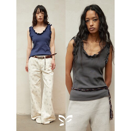 SQUARE CIRCLE 方圆春夏设计感铝丝木耳边显瘦针织无袖背心上衣