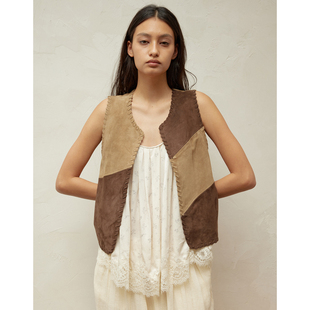 SQUARE CIRCLE 26SS 方圆重工穿绳复古撞色拼接麂皮V领马甲背心女