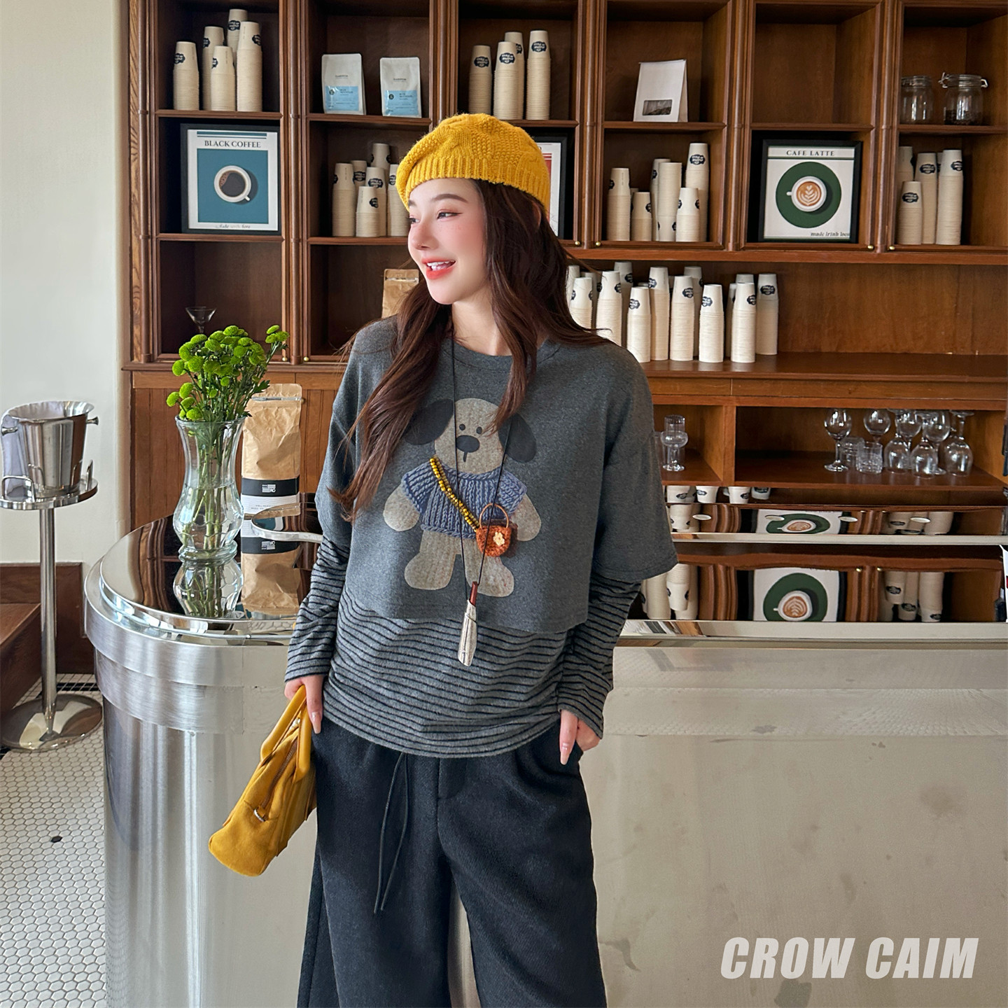 CROW CAIM 25AW 卡通小熊罩衫条纹长袖两件套