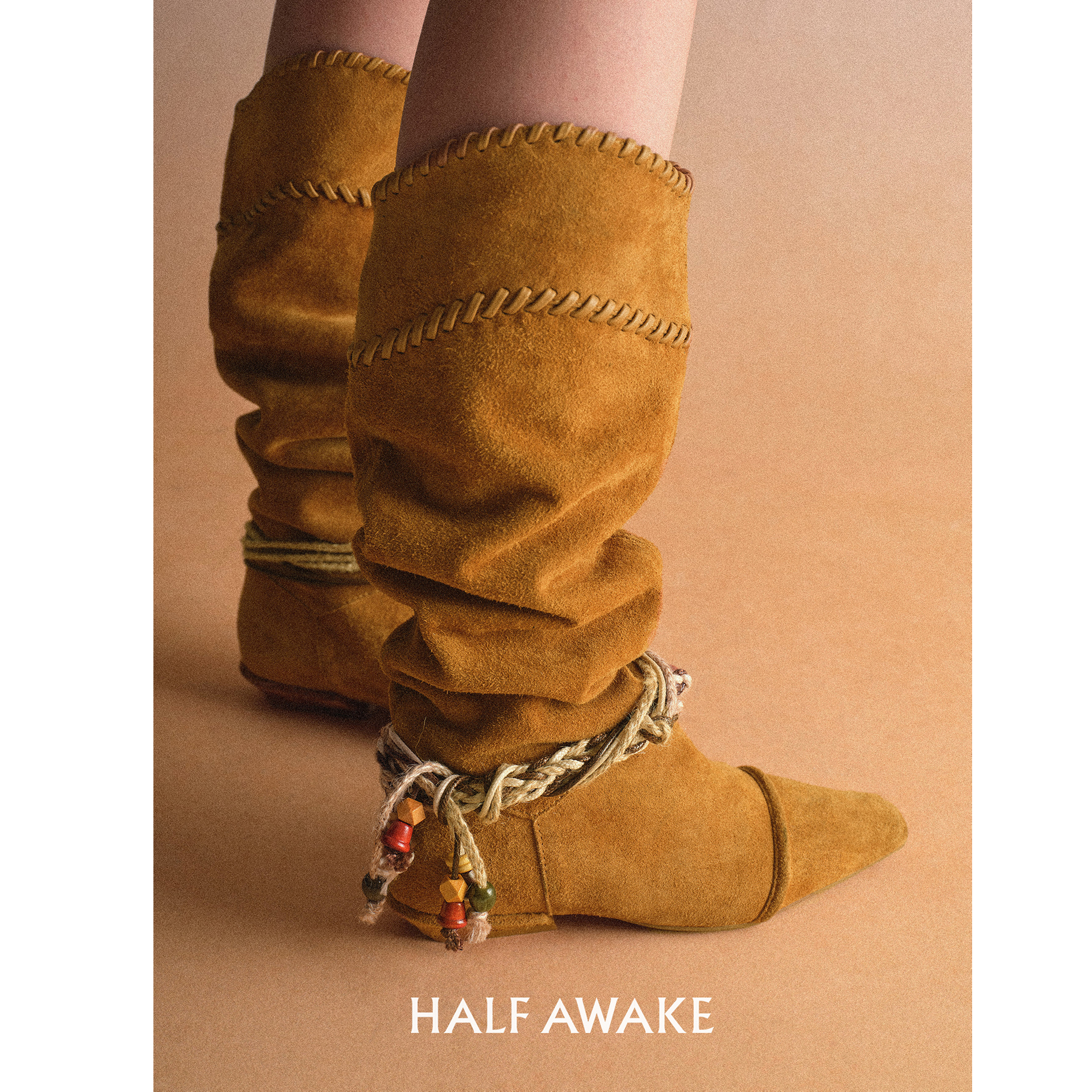 HALFAWAKE25秋冬新款翻折褶皱高筒真皮小方头丝带复古长筒堆堆靴