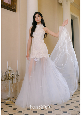 Jean SOO 白昼未尽立体蕾丝拼纱手工绢花轻礼服连衣裙