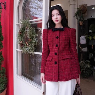 外套 25AW酒红花呢收腰法式 GUO JINGYI