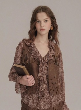 SIEW 2025AW新款 荷叶领抽绳波嬉风雪纺印花衬衫印花三件套半裙