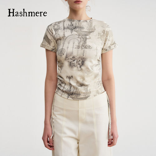 Hashmere 26SS 针织棉白色印花抽绳上衣收腰显瘦休闲百搭短T恤