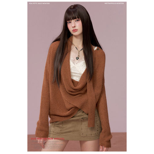 VIAPITTI重工闪闪设计感飘带荡领毛衣女秋冬宽松针织衫含羊毛上衣