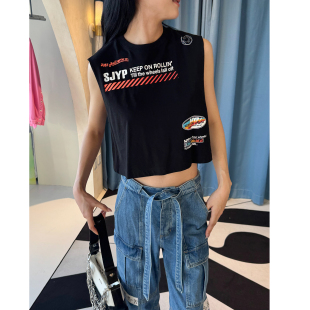 背心补丁牛仔裤 SJYP潮牌黑色印花字母圆领无袖 清货折