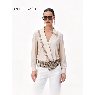 CNLEEWEI 26SS 小众设计可拆卸蛇皮腰封流苏边村衫上衣长袖