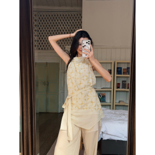 现货 ODTD26春夏挂脖花朵印花系带连衣裙女原野诗意 设计师女装