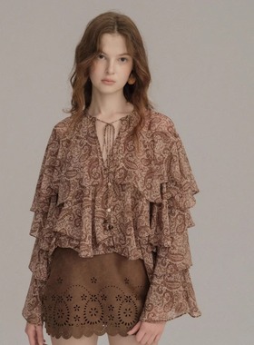 SIEW 2025AW新款 立体灯笼袖穿珠抽绳荷叶边雪纺衬衫