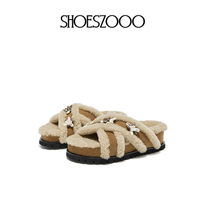 SHOESZOOO2025新款秋冬季女鞋羊毛厚底勃肯鞋女休闲外穿毛毛拖鞋