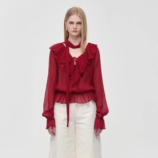 胶囊V领真丝喇叭袖 ODTD25冬季 花边上衣含飘带衬衫 设计师女装