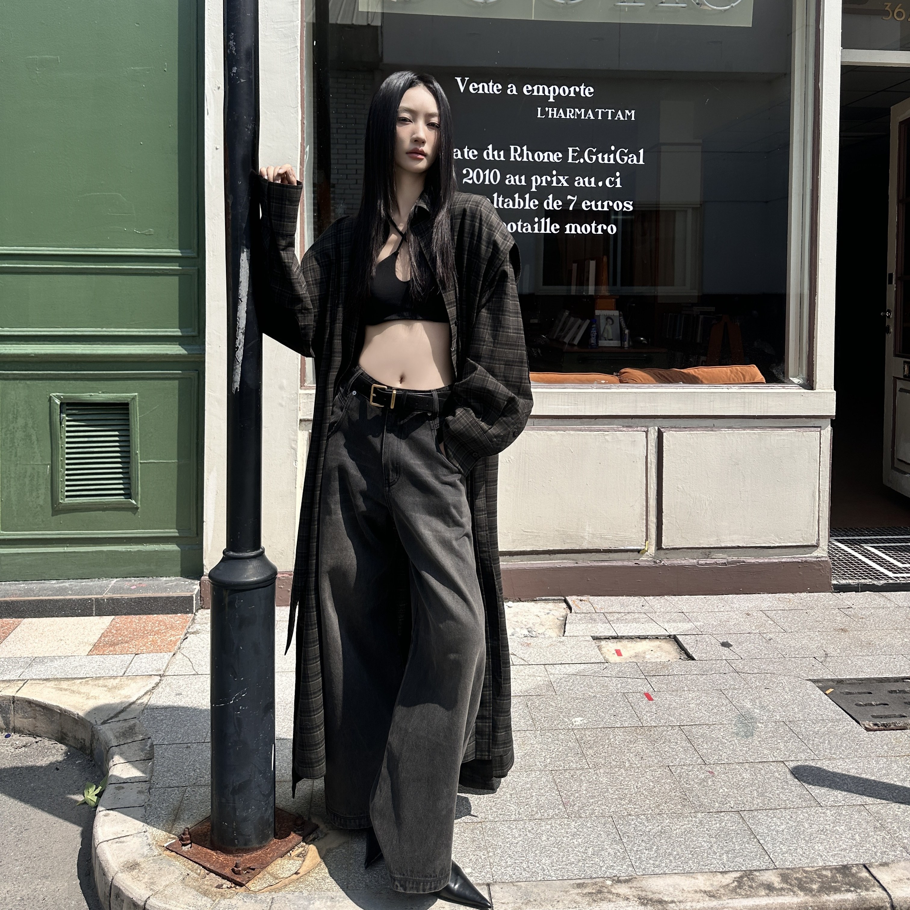 CNLEEWEI 25AW  可拆卸连帽长款衬衫外套 复古宽松牛仔裤