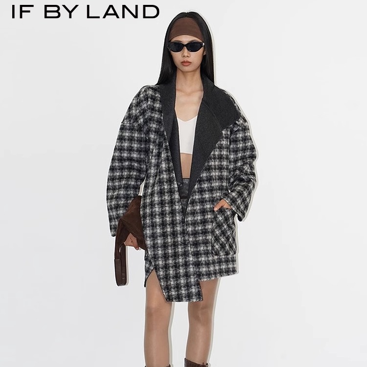 IF BY LAND 25秋冬季新款 格纹连身围巾大衣外套