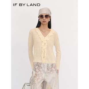 IF BY LAND 设计师品牌2026春季新款淡黄色荷叶边针织开衫