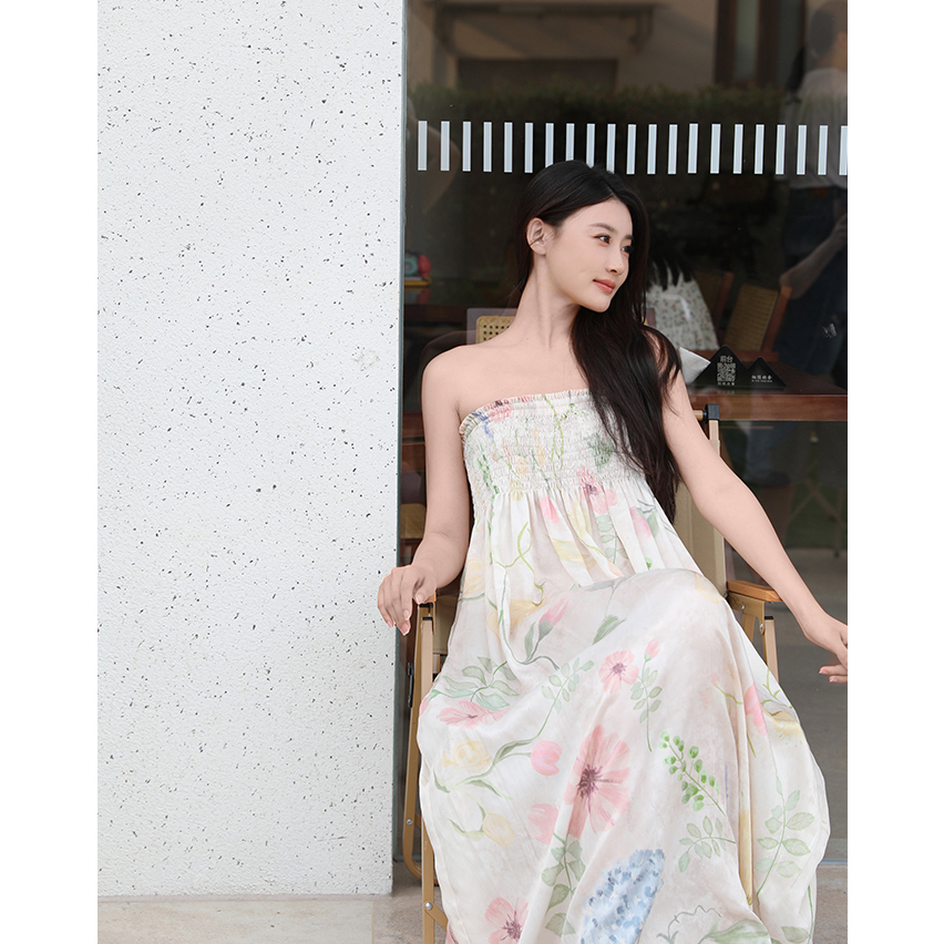 【花少同款】Hashmere 粉色花朵印花打揽长裙两穿抹胸连衣裙