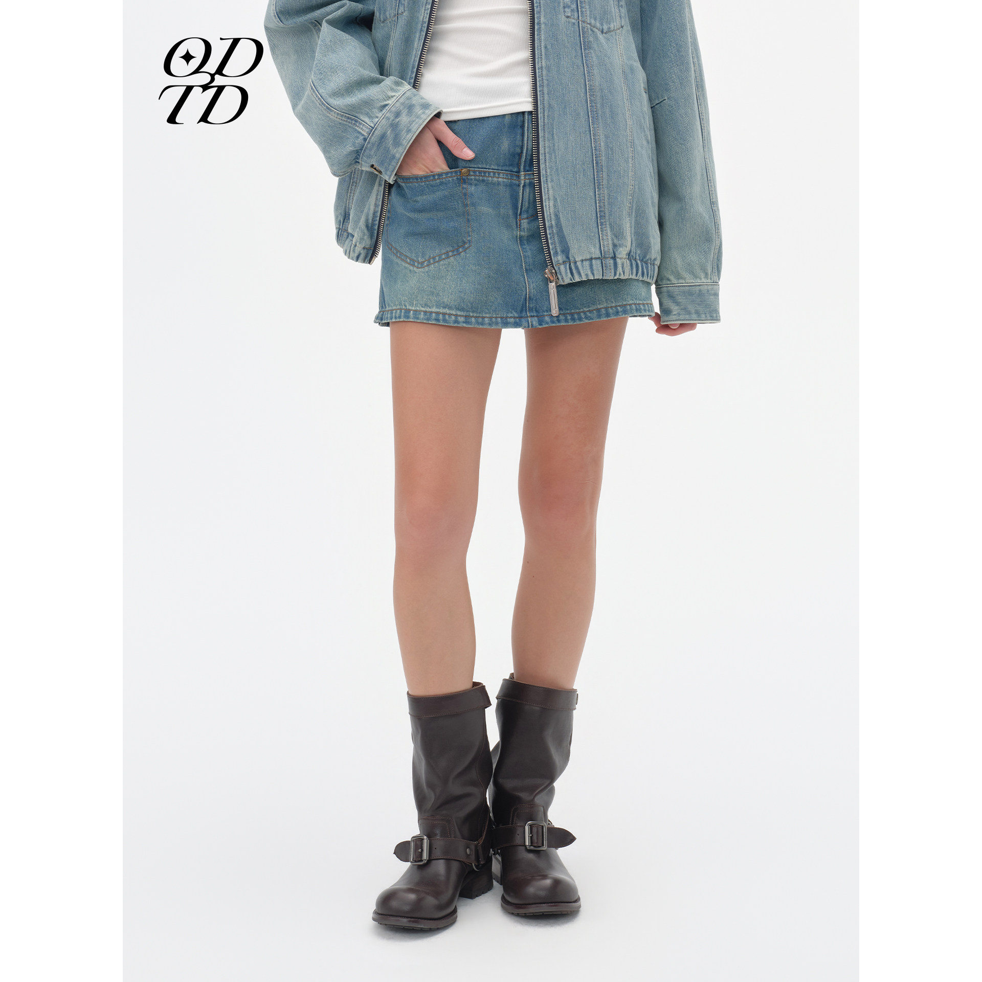 【设计师女装】ODTD26早秋新款logo印花牛仔半裙裤高腰休闲图片