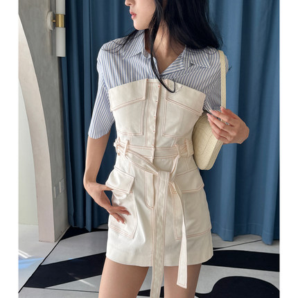 【清货折SM】SJYP设计师品牌衬衫假两件白色系带牛仔裙连衣裙女