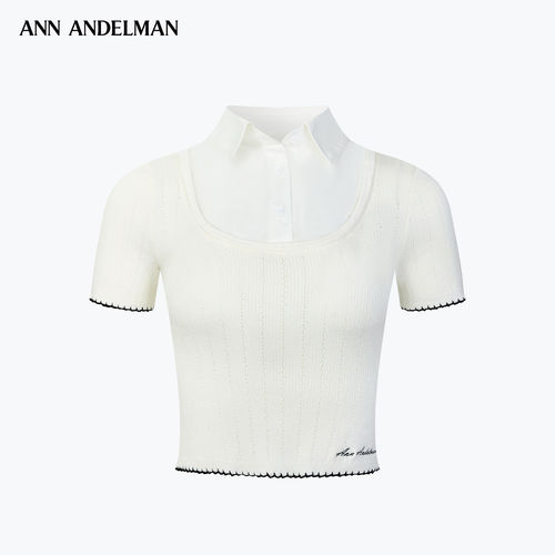ANN ANDELMAN 假两件撞色拼接毛针织短袖气质花边翻领上衣