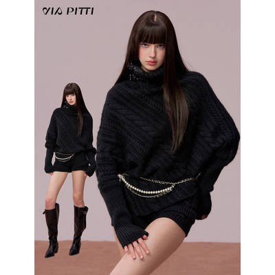 VIAPITTI重工闪闪设计感飘带荡领毛衣女秋冬宽松针织衫含羊毛上衣