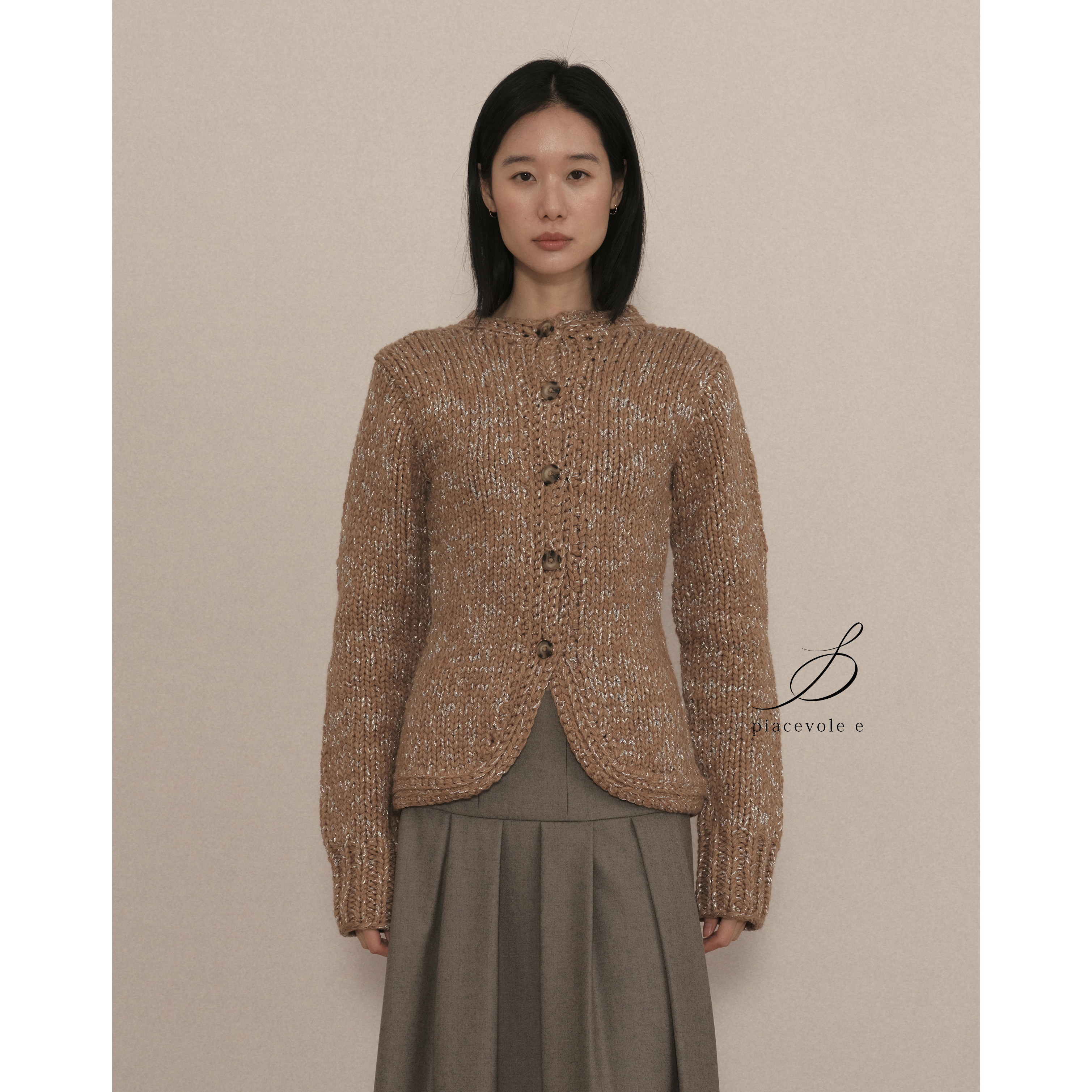 Piacevole e FW25 手工银线钩针粗棒针重磅针织修身短外套夹克