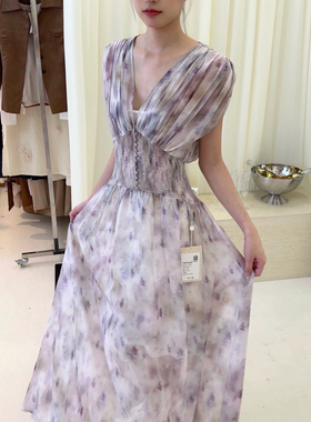 NONETONE Mistveil Floral雾绡花影深V收腰包布扣无袖长款连衣裙