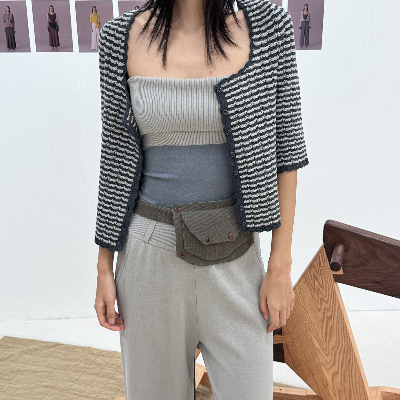 o cloche code_黑白织花开衫  抹胸连身长裤