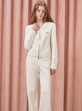 Three Quarters25AW米色钩花绵羊毛海军领针织开衫垂感阔腿长裤